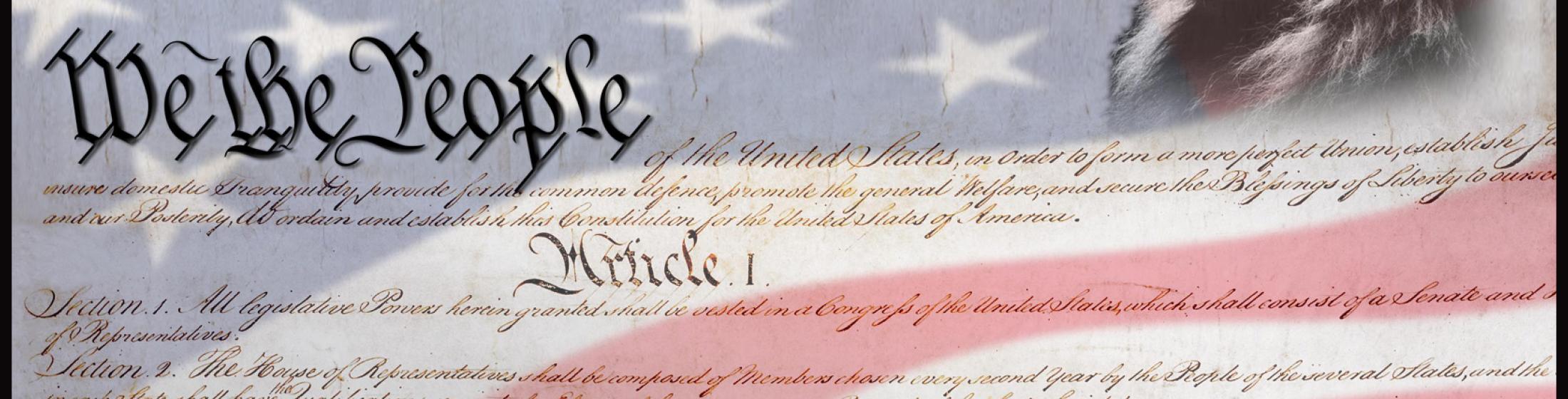 The words of the U.S. Constitution imposed over the American Flag
